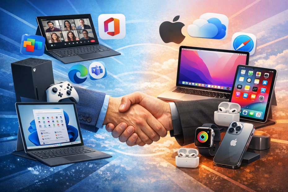 Business Handhake with Microsoft and Apple products